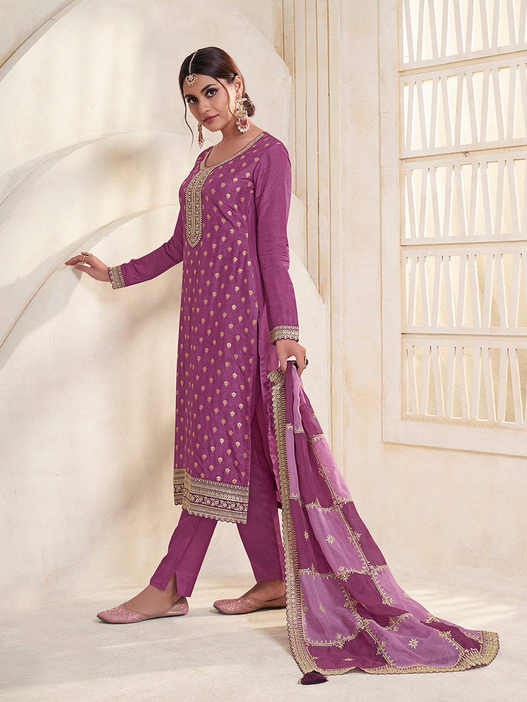 Wine Dola Jacquard with Heavy Sequins Embroidery Kurta Suit set