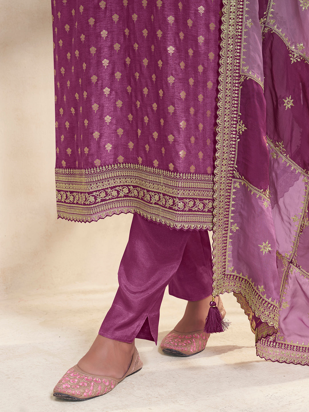 Wine Dola Jacquard with Heavy Sequins Embroidery Kurta Suit set