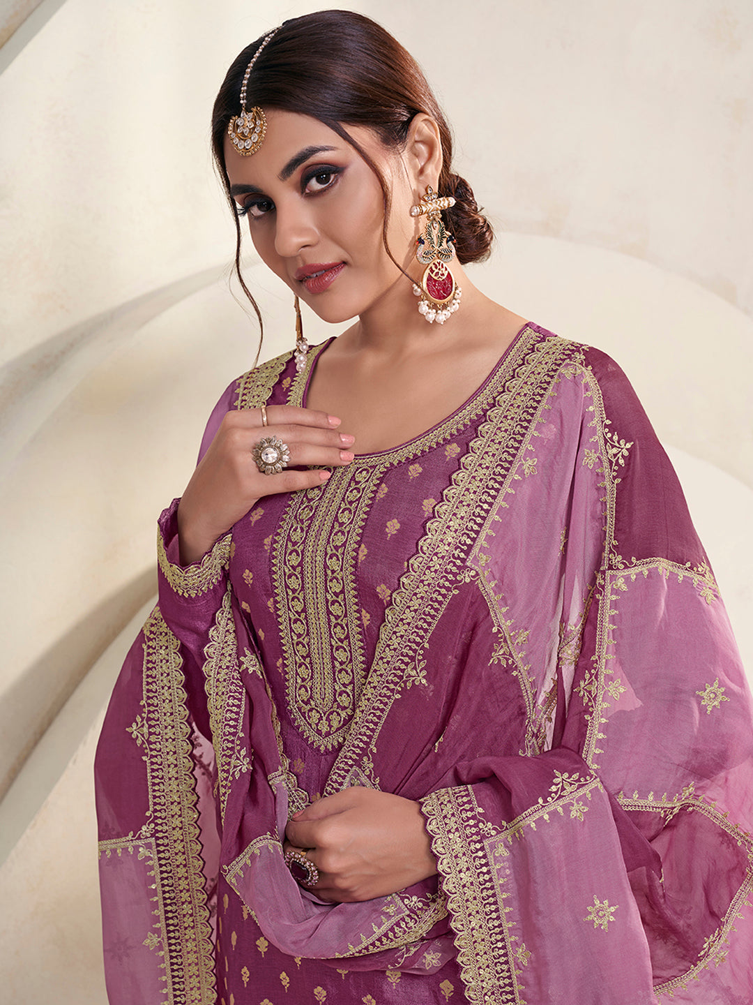 Wine Dola Jacquard with Heavy Sequins Embroidery Kurta Suit set