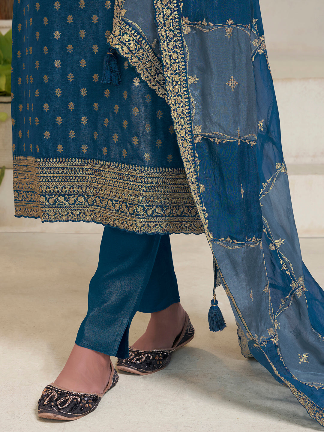 Dark Blue Dola Jacquard with Heavy Sequins Embroidery Kurta Suit set