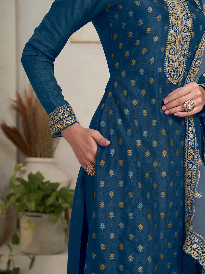 Dark Blue Dola Jacquard with Heavy Sequins Embroidery Kurta Suit set