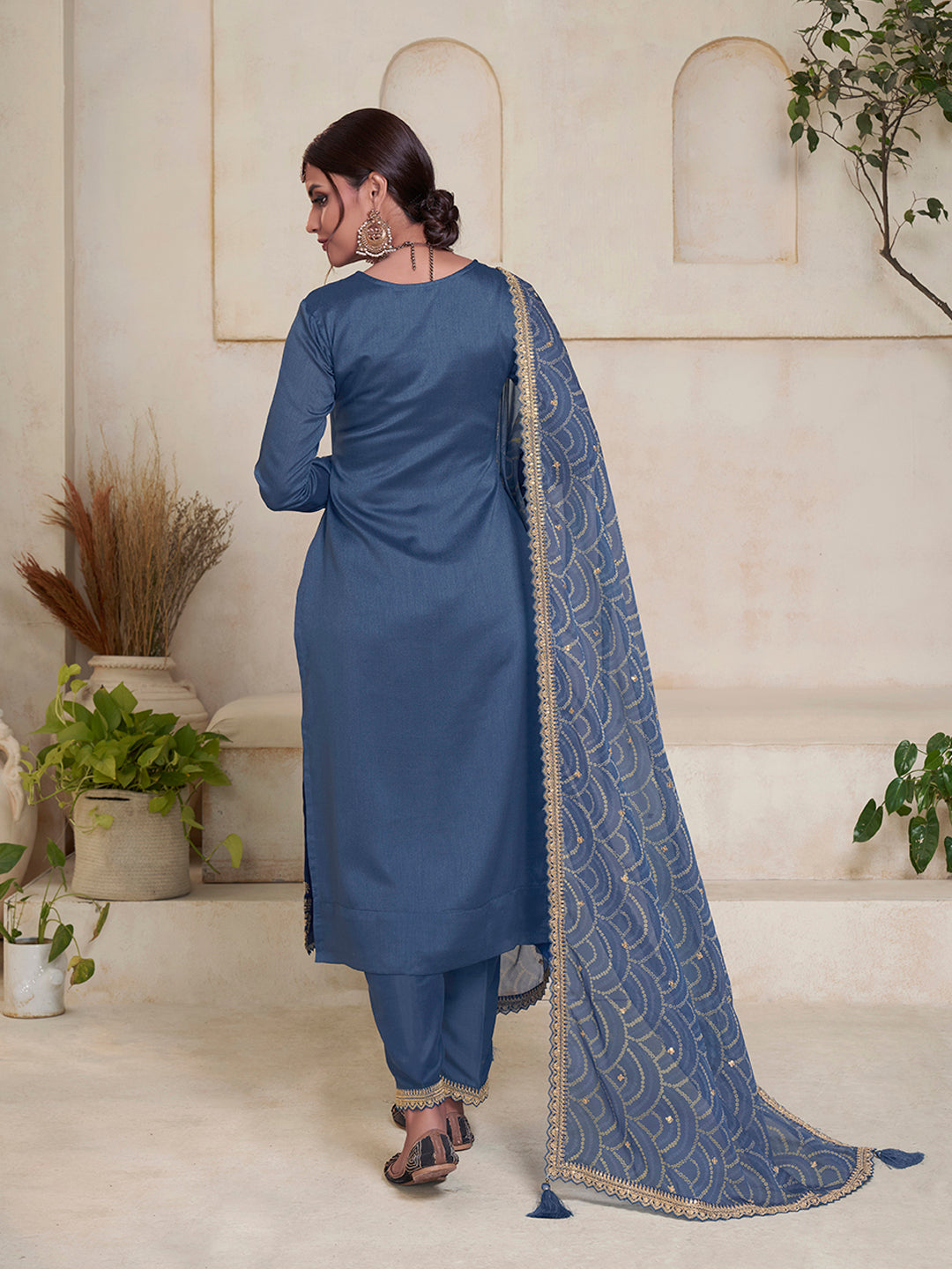 Blue Vichitra Sequins Embroidered Kurta Suit Set Product vendor