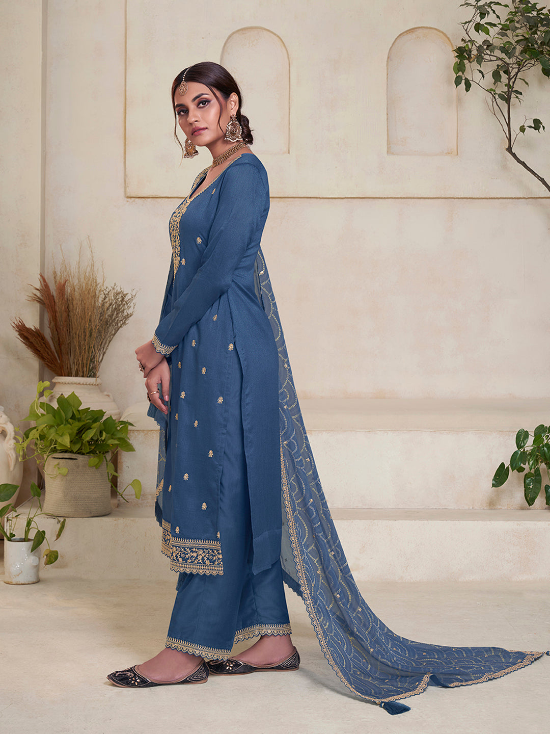 Blue Vichitra Sequins Embroidered Kurta Suit Set Product vendor