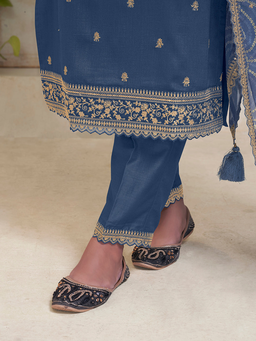 Blue Vichitra Sequins Embroidered Kurta Suit Set Product vendor