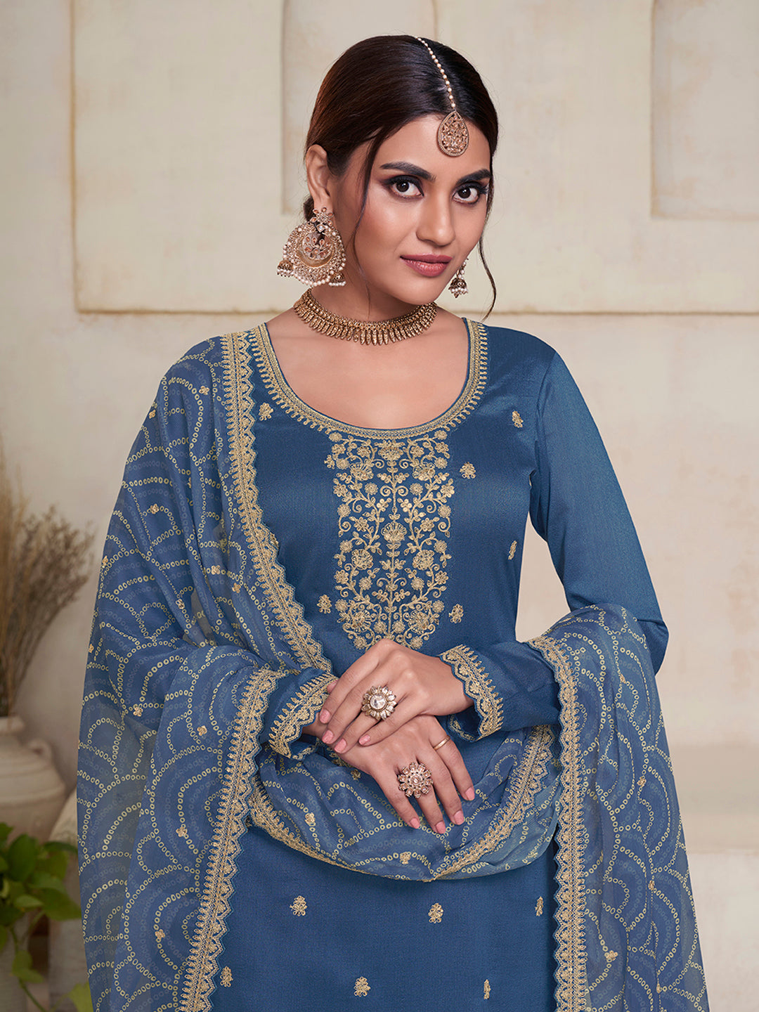 Blue Vichitra Sequins Embroidered Kurta Suit Set Product vendor