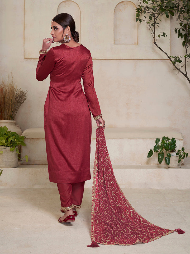 Dusty Red Vichitra Sequins Embroidered Kurta Suit Set Product vendor