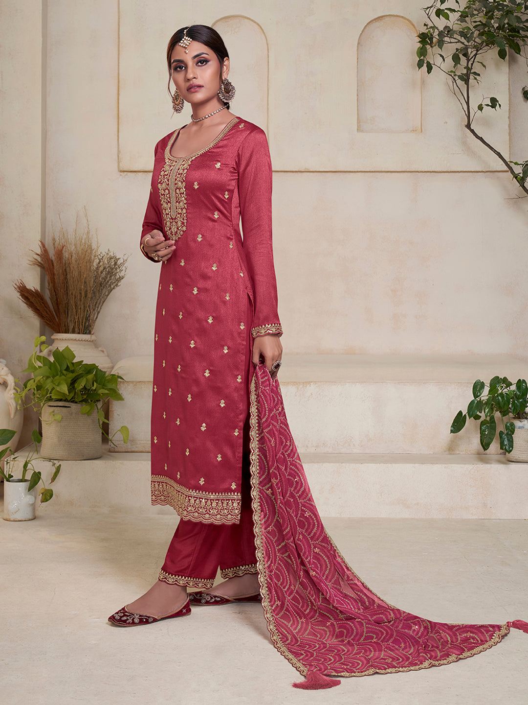 Dusty Red Vichitra Sequins Embroidered Kurta Suit Set Product vendor