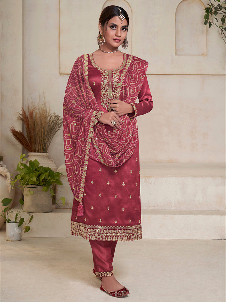 Dusty Red Vichitra Sequins Embroidered Kurta Suit Set Product vendor