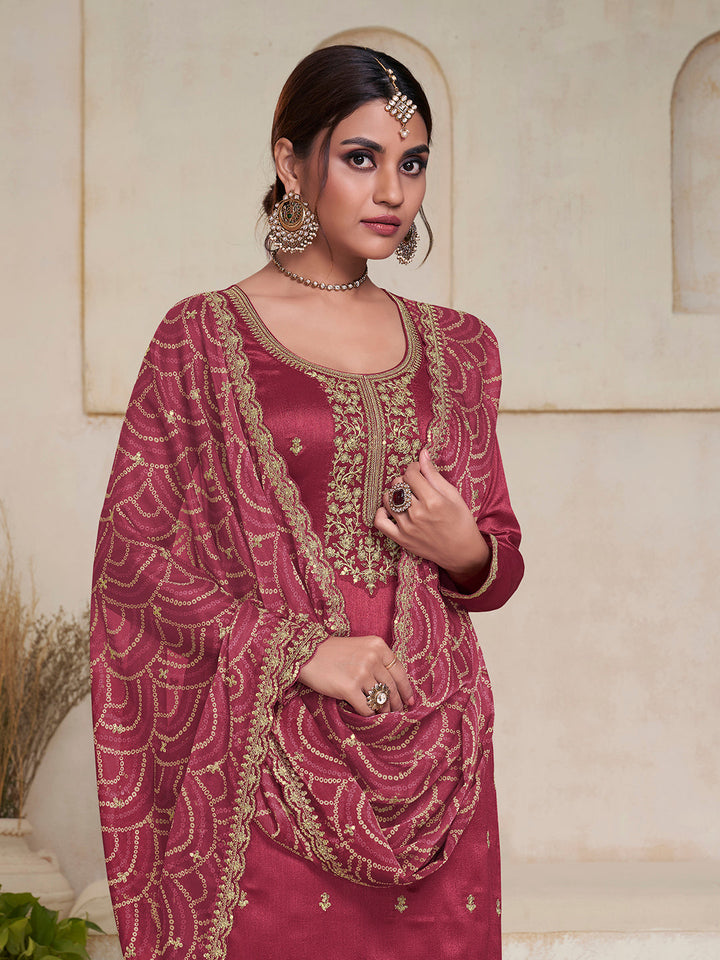 Dusty Red Vichitra Sequins Embroidered Kurta Suit Set Product vendor