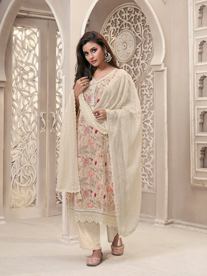 Off-White Linen Fabric with Floral Printed and Shiffli work Kurta Suit Set Product vendor