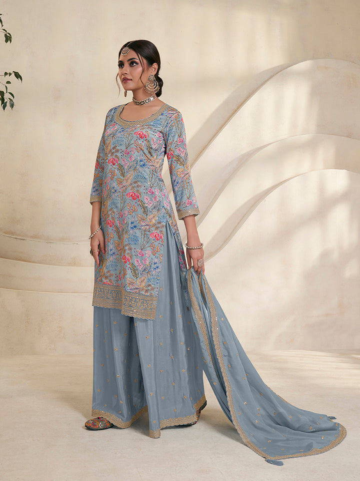 Blue Chinon Digital Floral Printed Sharara Suit Set Product vendor