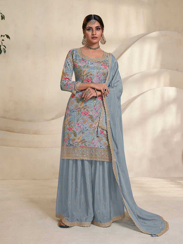 Blue Chinon Digital Floral Printed Sharara Suit Set Product vendor