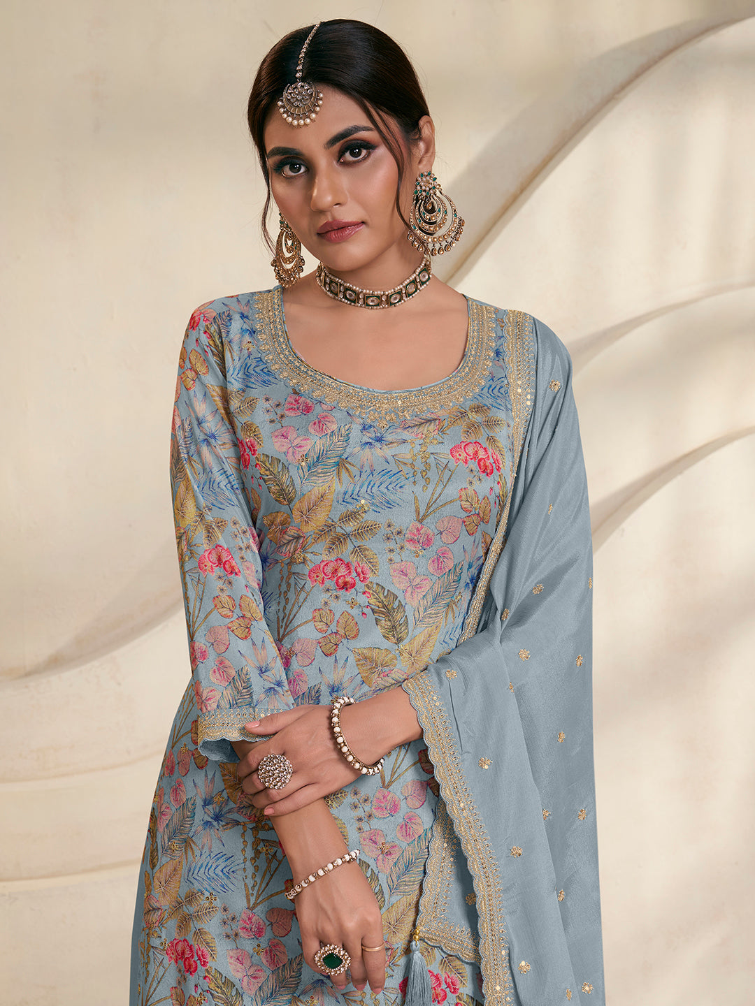 Blue Chinon Digital Floral Printed Sharara Suit Set Product vendor