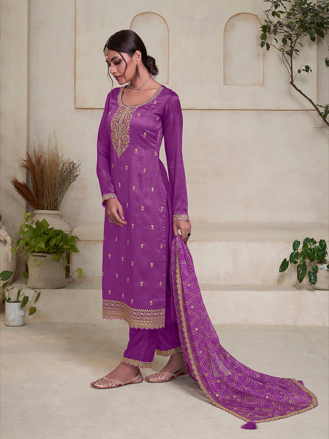 Purple Vichitra Sequins Embroidered Kurta Suit Set Product vendor