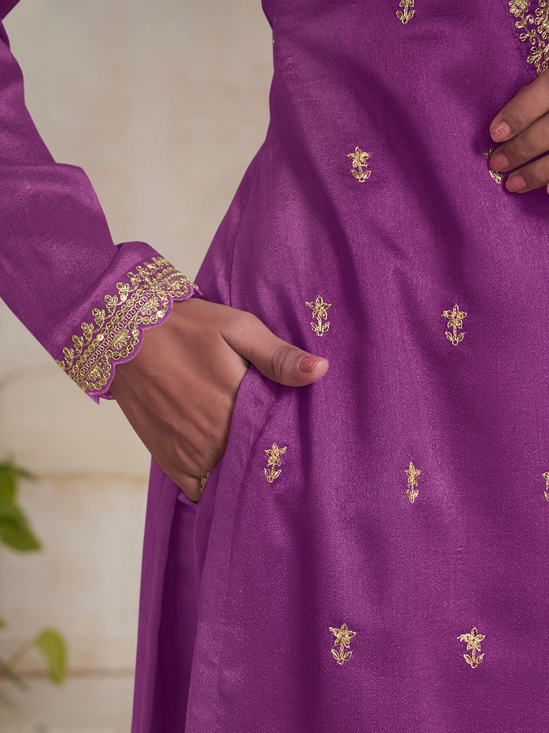 Purple Vichitra Sequins Embroidered Kurta Suit Set Product vendor