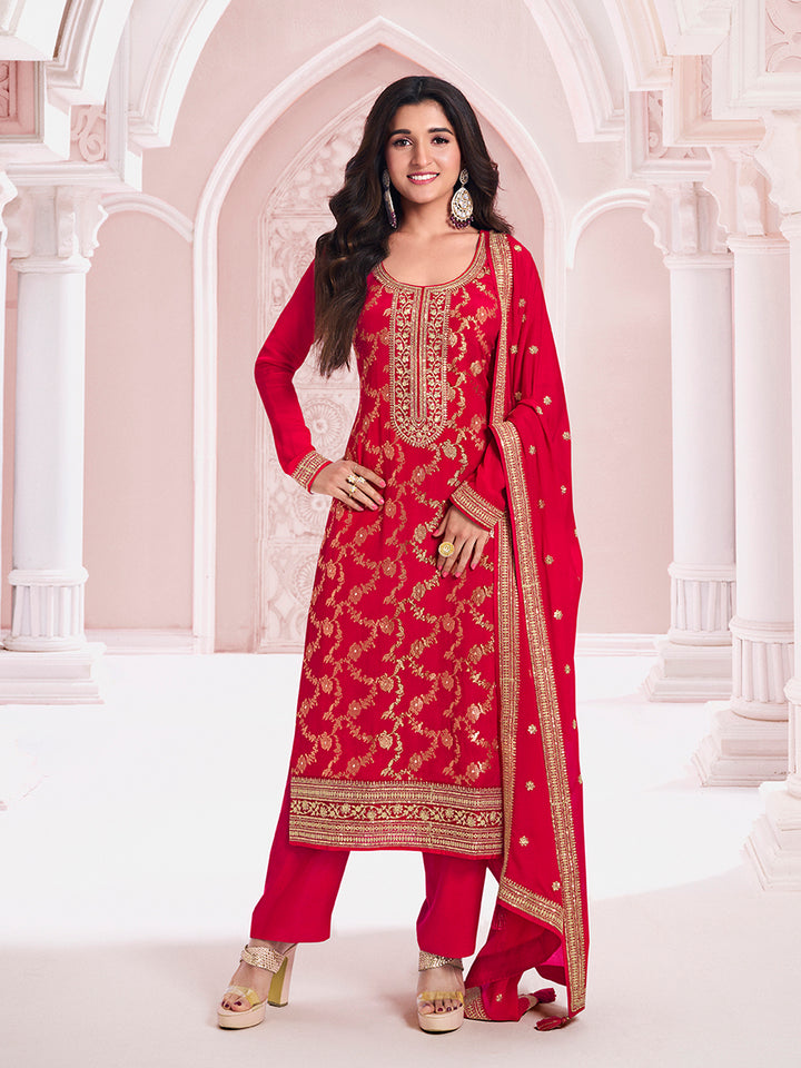 Red Chinon Fabbric with Floral Jaal and Sequins Embroidery Kurta Suit Set