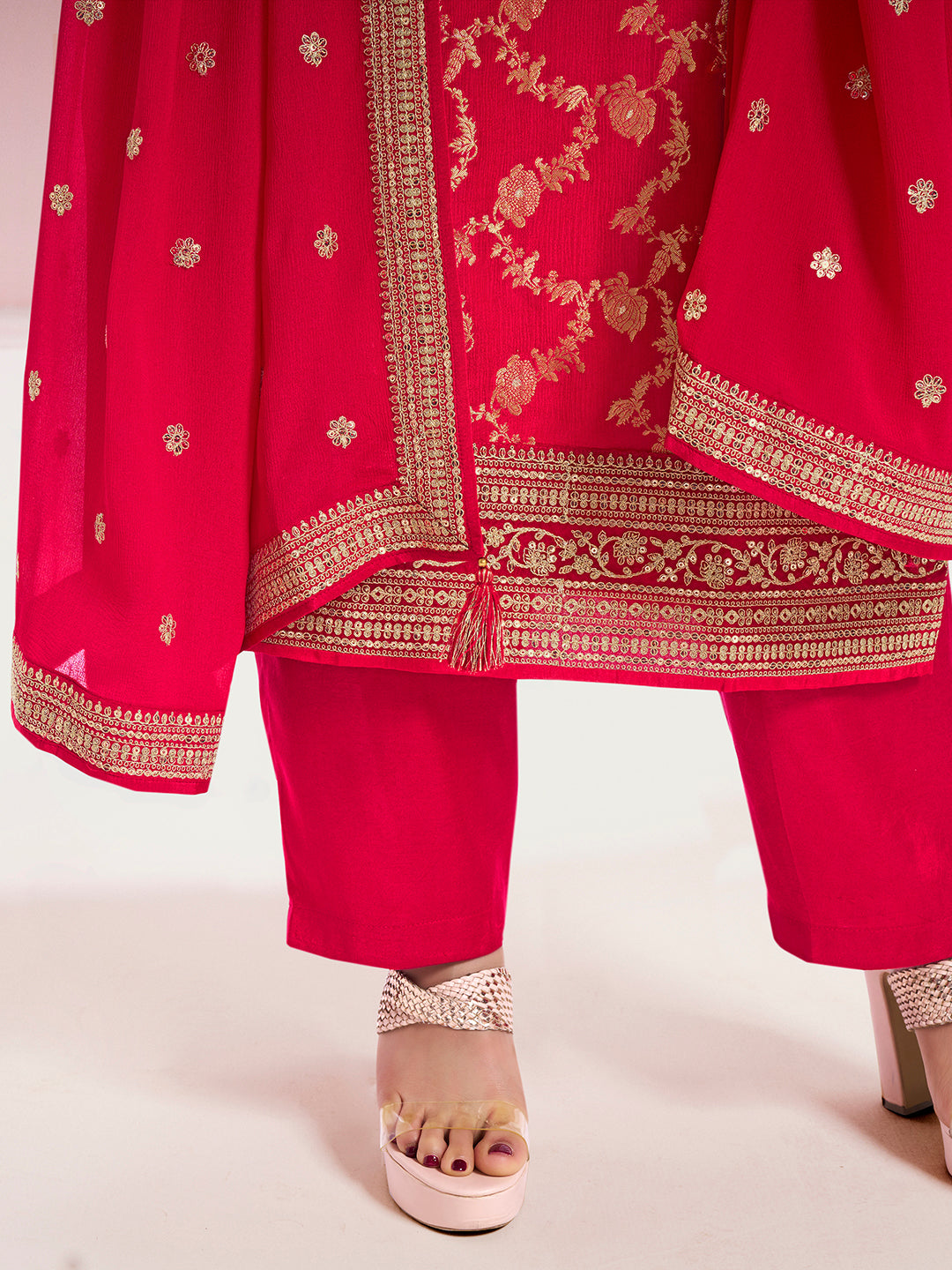 Red Chinon Fabbric with Floral Jaal and Sequins Embroidery Kurta Suit Set