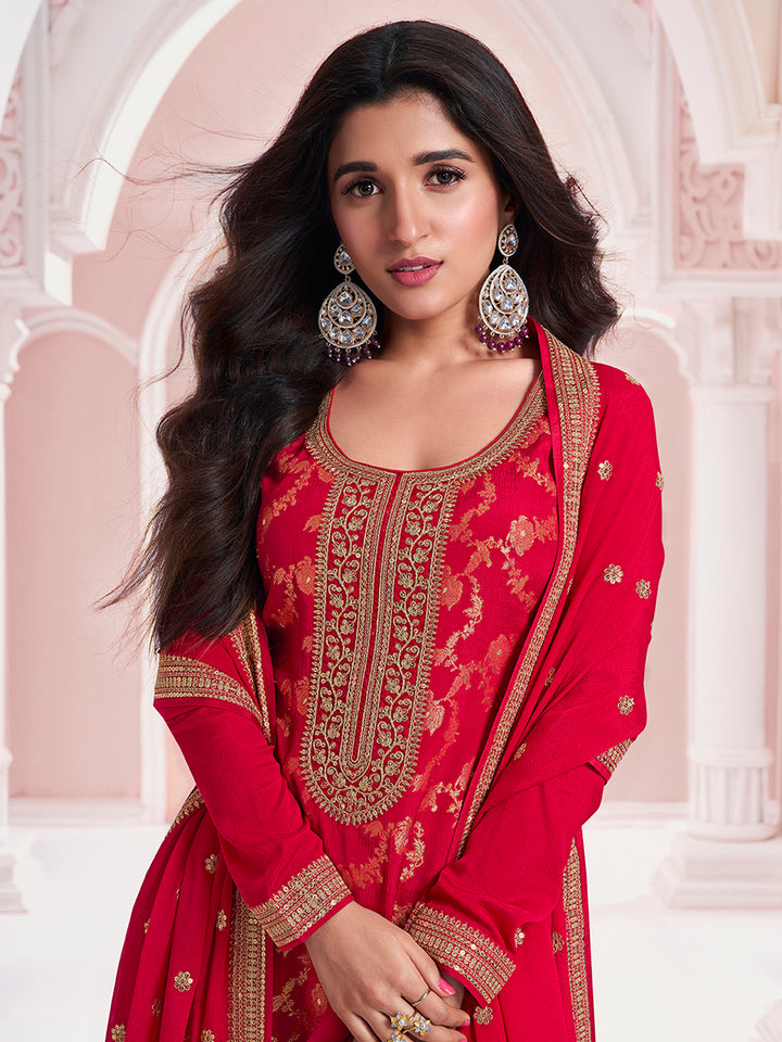 Red Chinon Fabbric with Floral Jaal and Sequins Embroidery Kurta Suit Set