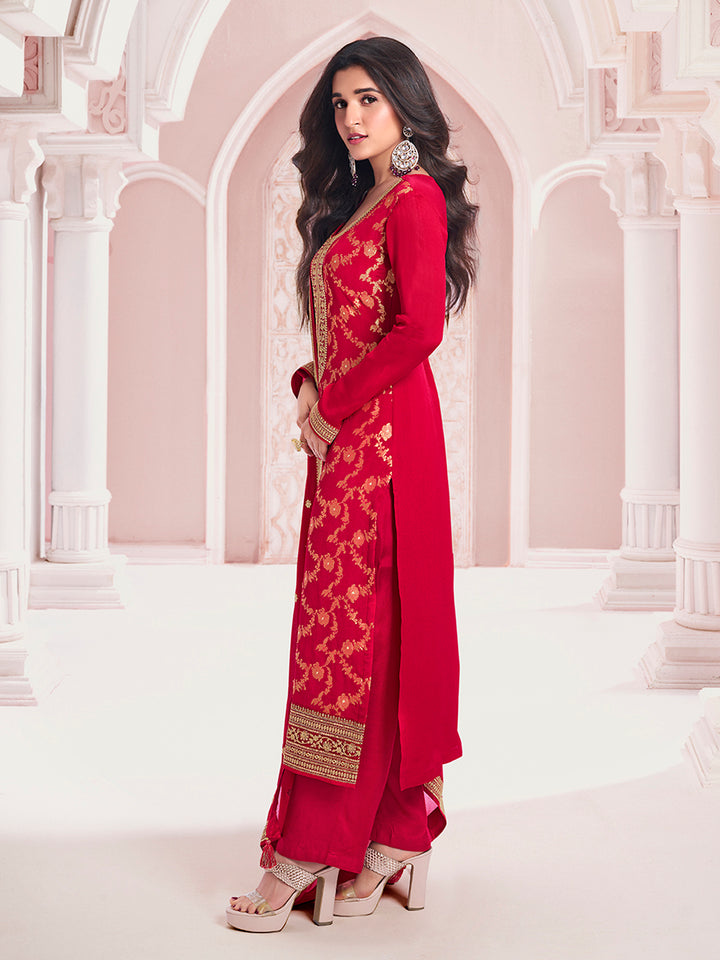 Red Chinon Fabbric with Floral Jaal and Sequins Embroidery Kurta Suit Set