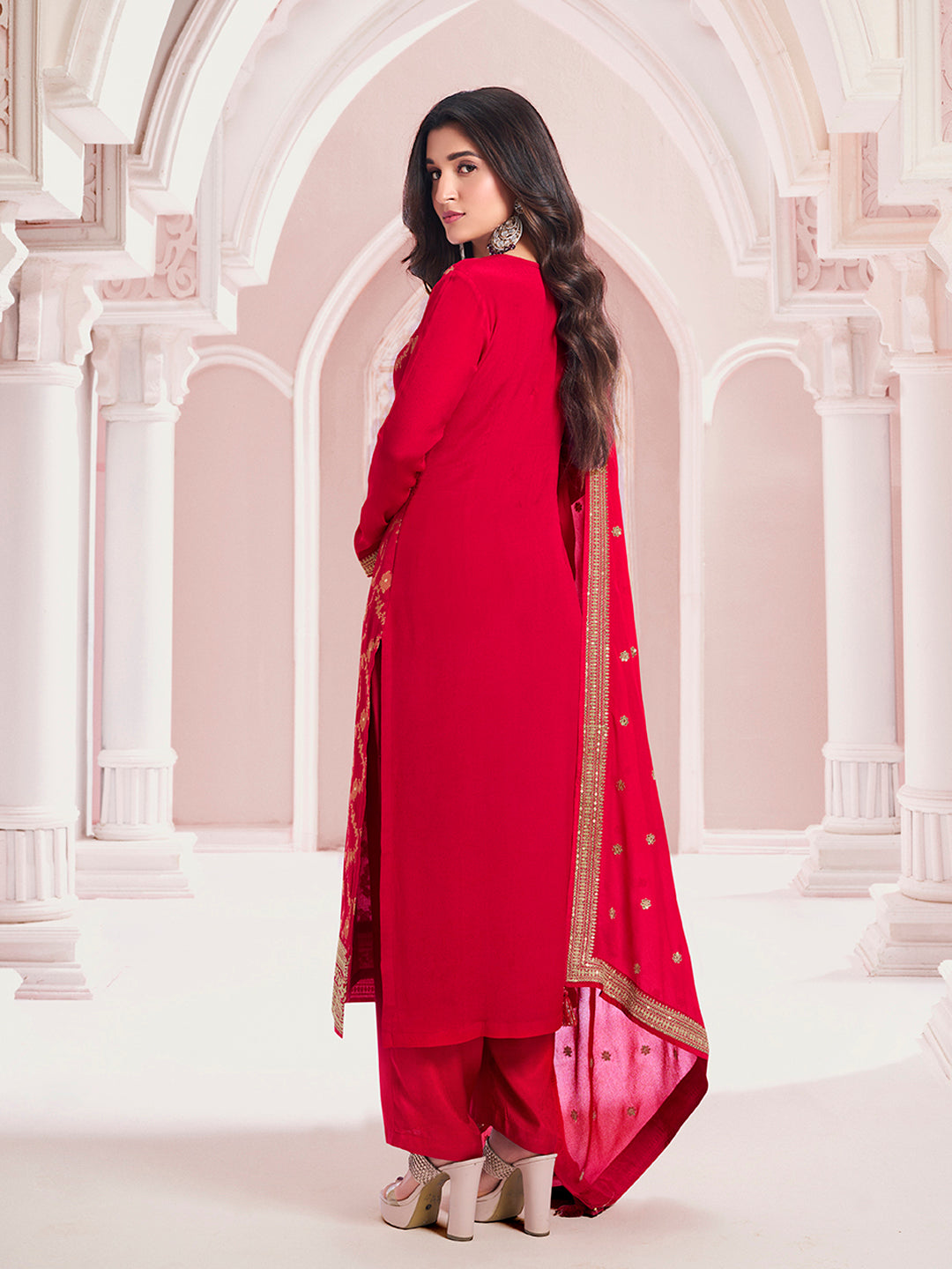 Red Chinon Fabbric with Floral Jaal and Sequins Embroidery Kurta Suit Set