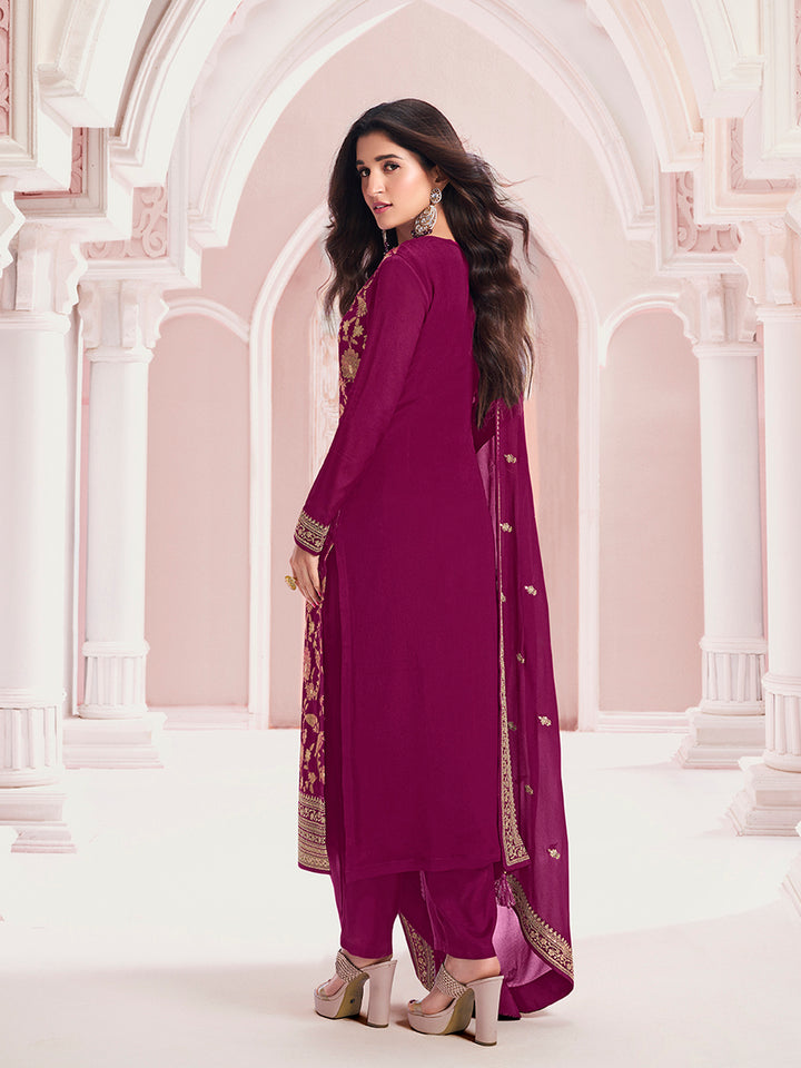 Wine Chinon Fabbric with Floral Jaal and Sequins Embroidery Kurta Suit Set