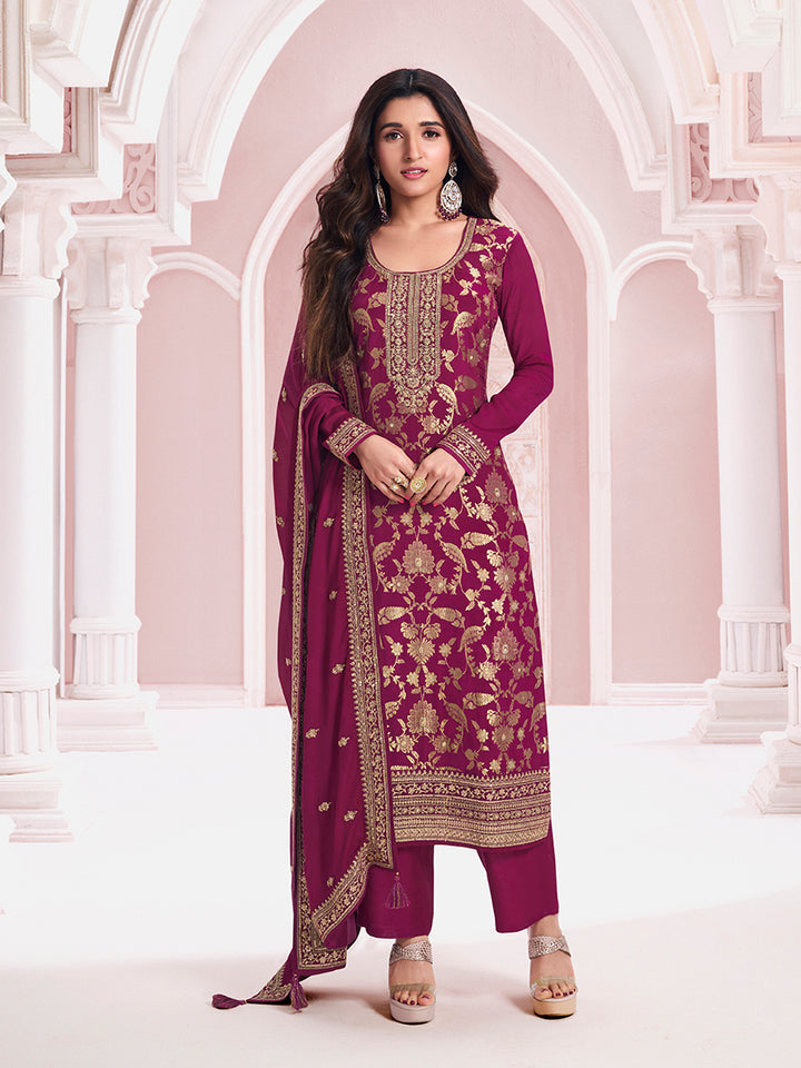 Wine Chinon Fabbric with Floral Jaal and Sequins Embroidery Kurta Suit Set