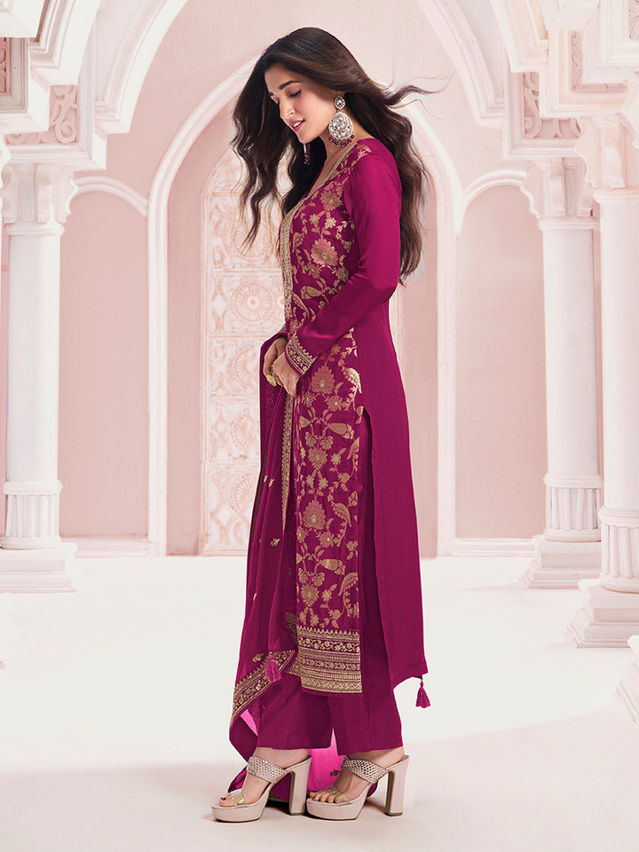 Wine Chinon Fabbric with Floral Jaal and Sequins Embroidery Kurta Suit Set