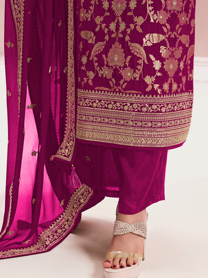 Wine Chinon Fabbric with Floral Jaal and Sequins Embroidery Kurta Suit Set