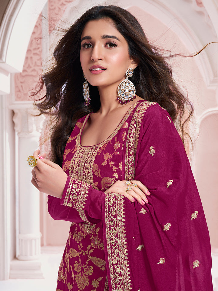 Wine Chinon Fabbric with Floral Jaal and Sequins Embroidery Kurta Suit Set