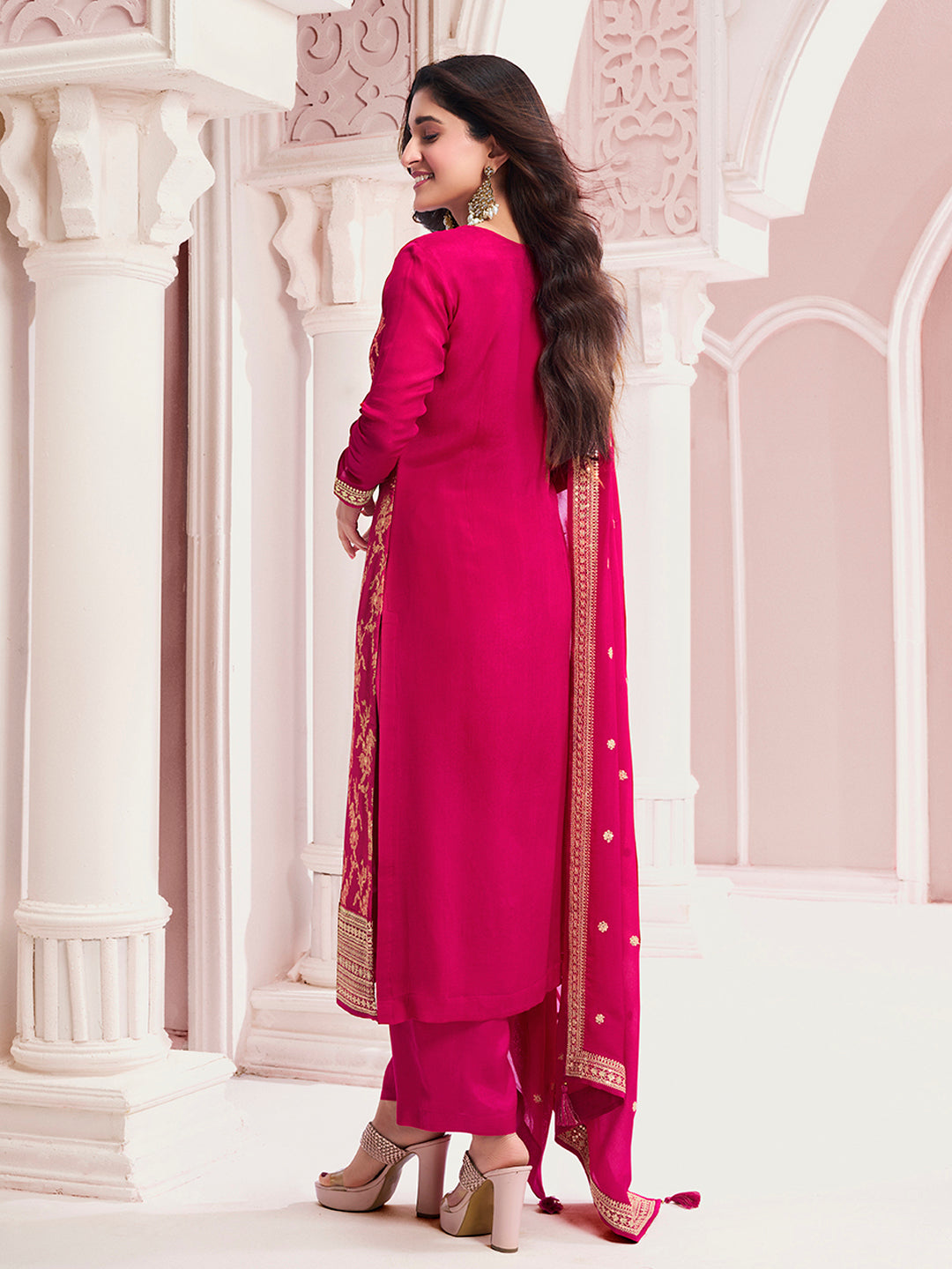 Hot Pink Chinon Fabbric with Floral Jaal and Sequins Embroidery Kurta Suit Set