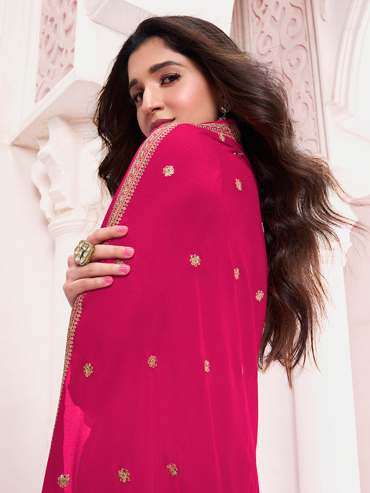 Hot Pink Chinon Fabbric with Floral Jaal and Sequins Embroidery Kurta Suit Set