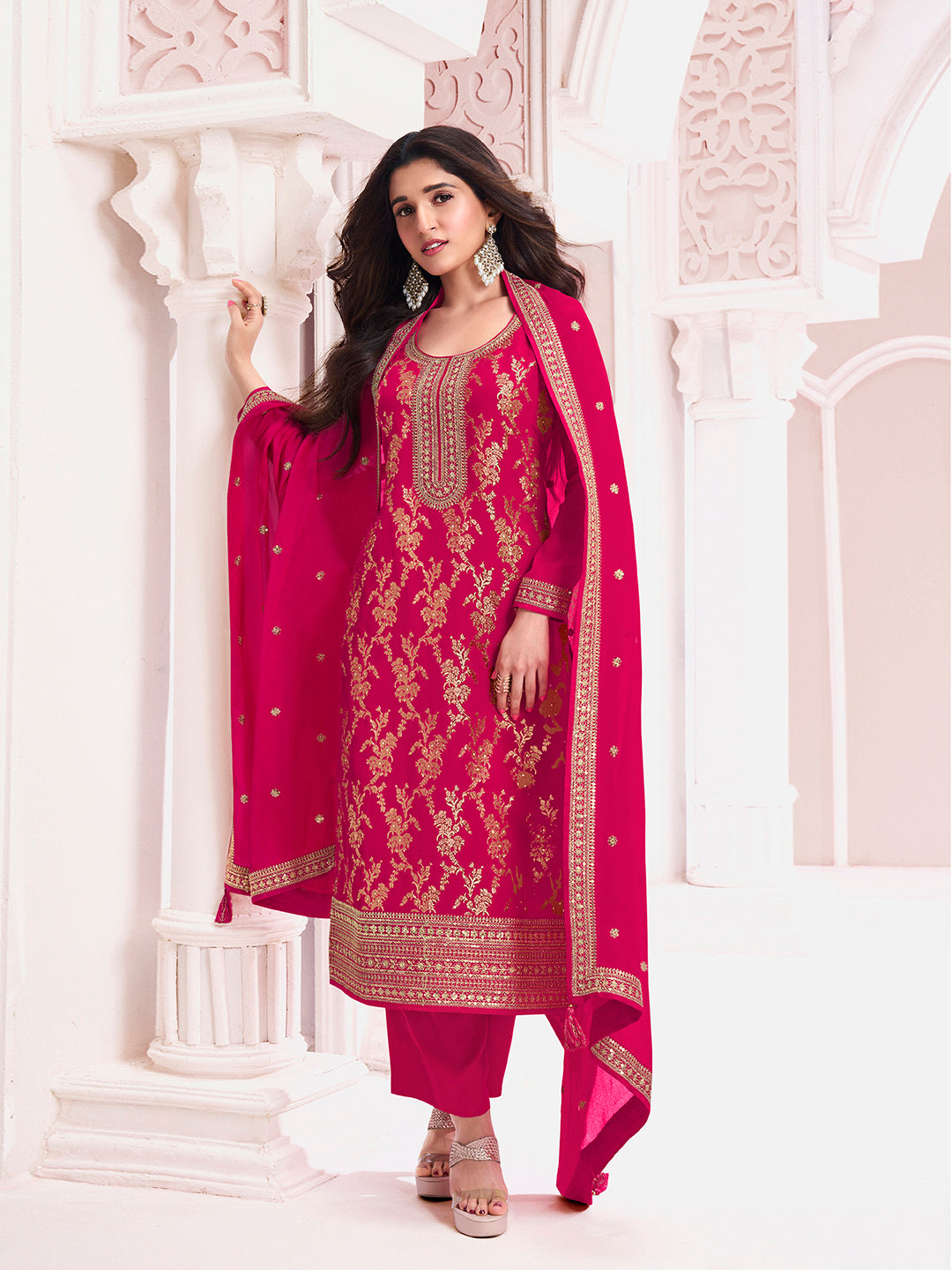 Hot Pink Chinon Fabbric with Floral Jaal and Sequins Embroidery Kurta Suit Set