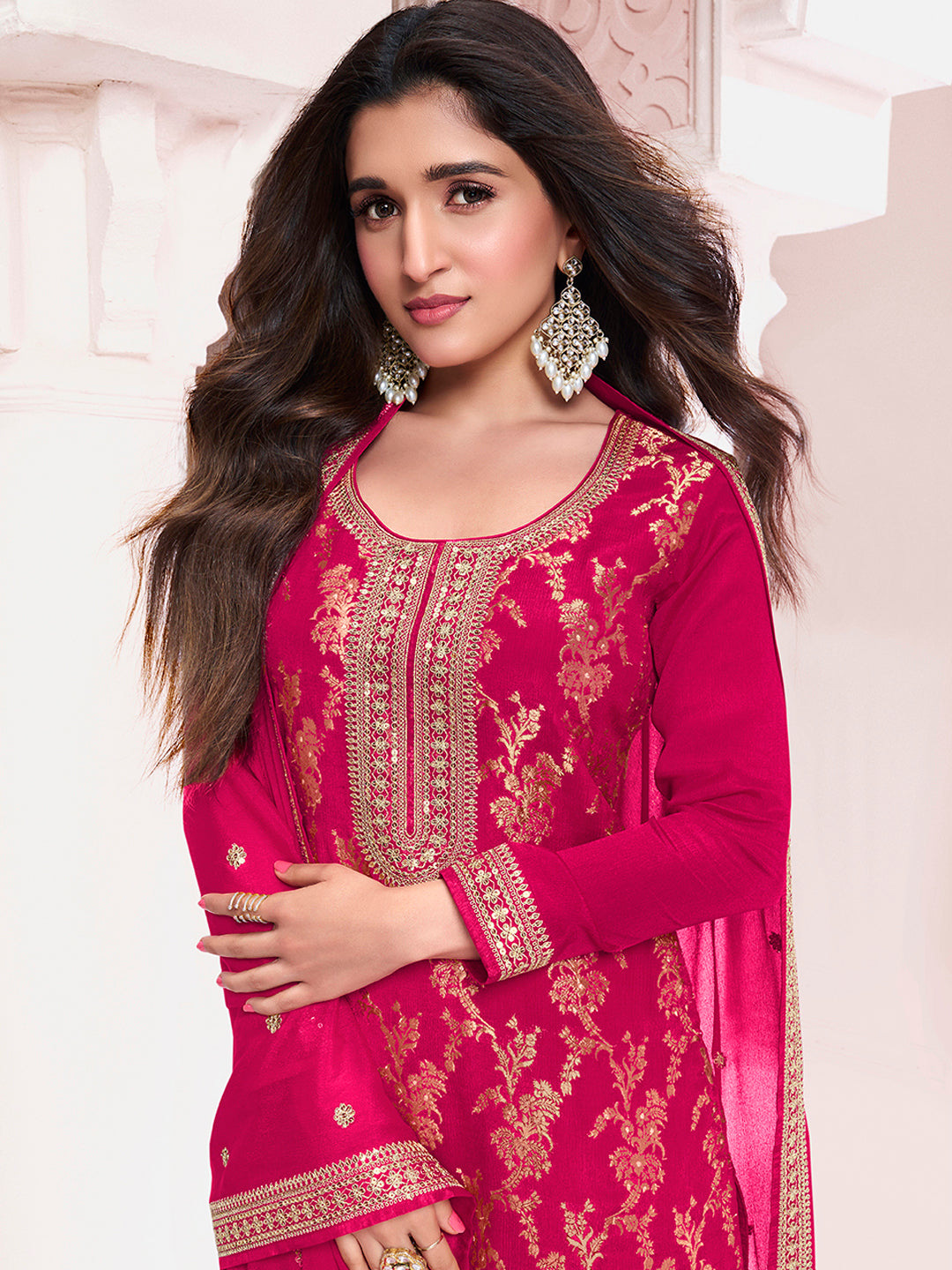 Hot Pink Chinon Fabbric with Floral Jaal and Sequins Embroidery Kurta Suit Set