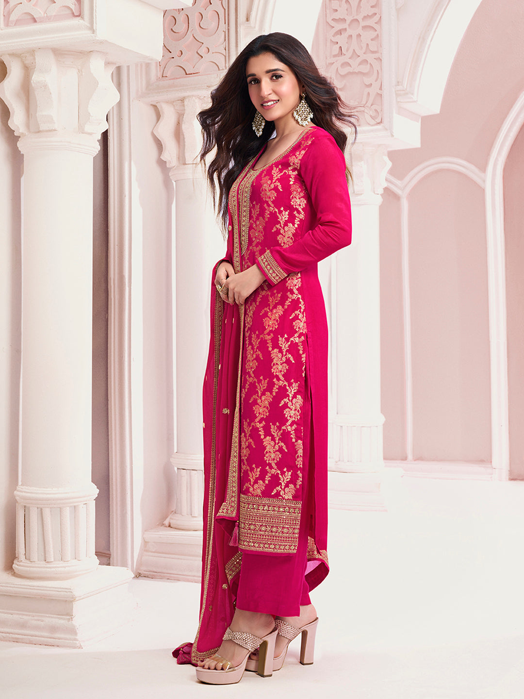 Hot Pink Chinon Fabbric with Floral Jaal and Sequins Embroidery Kurta Suit Set