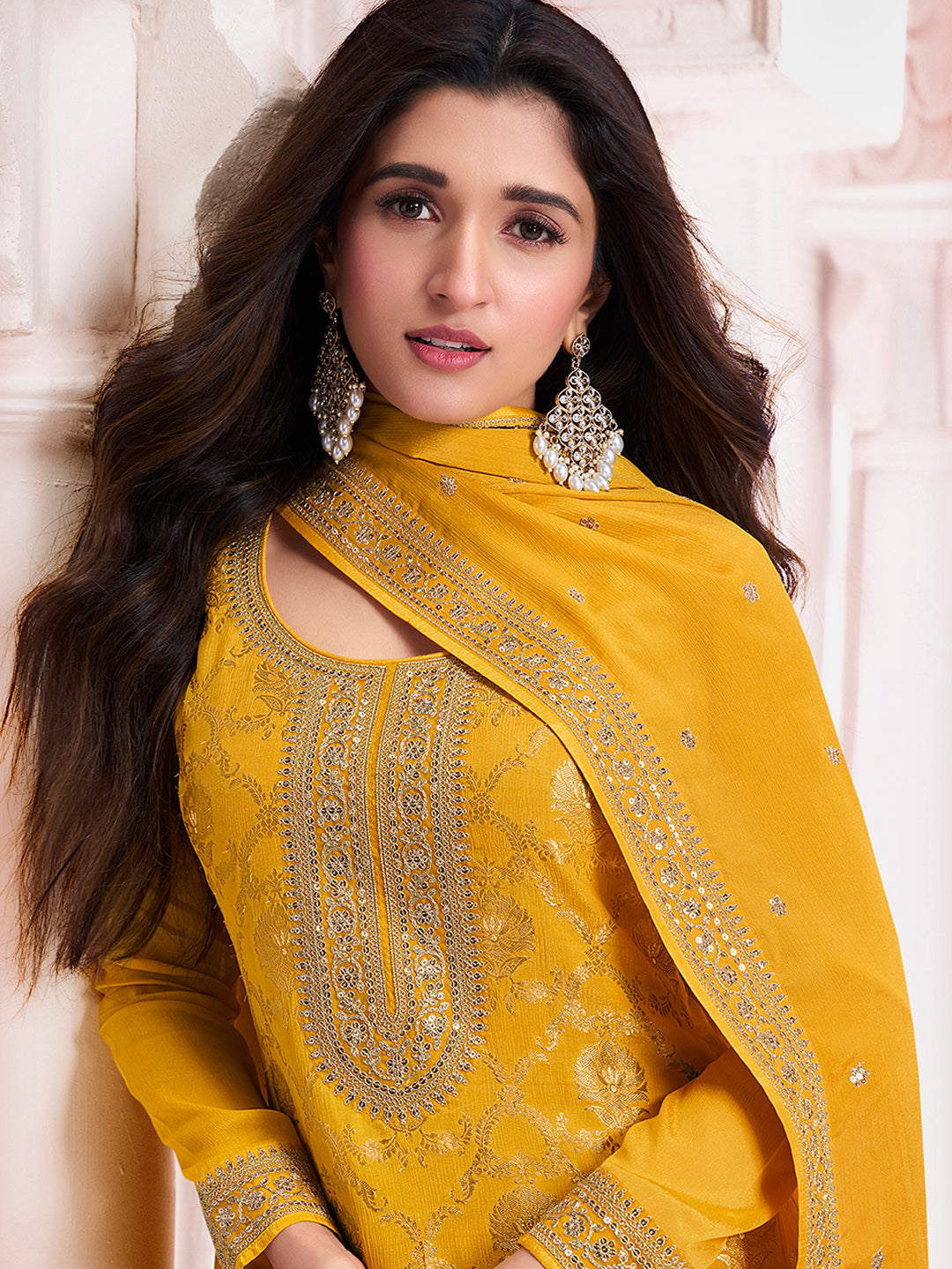 Yellow Chinon Fabbric with Floral Jaal and Sequins Embroidery Kurta Suit Set