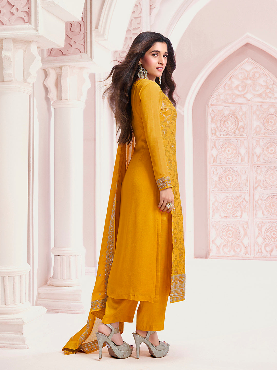 Yellow Chinon Fabbric with Floral Jaal and Sequins Embroidery Kurta Suit Set