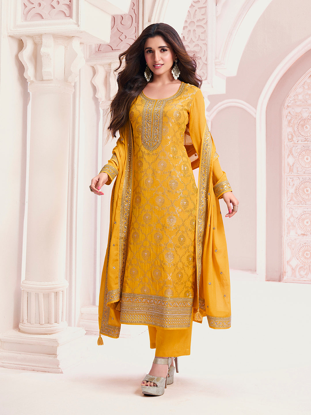 Yellow Chinon Fabbric with Floral Jaal and Sequins Embroidery Kurta Suit Set