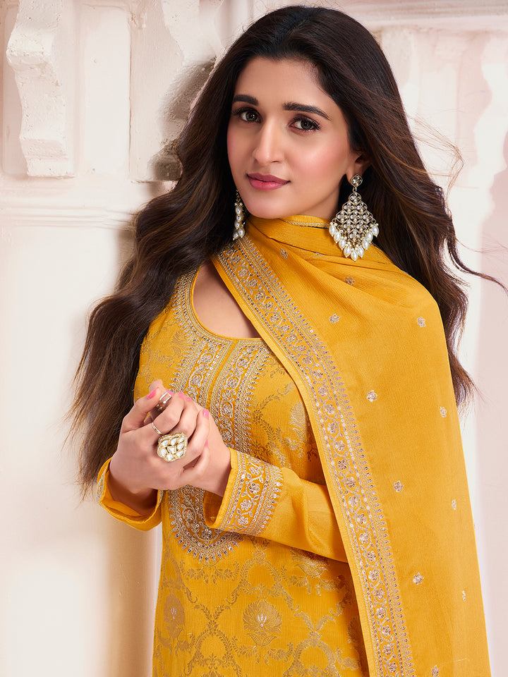 Yellow Chinon Fabbric with Floral Jaal and Sequins Embroidery Kurta Suit Set