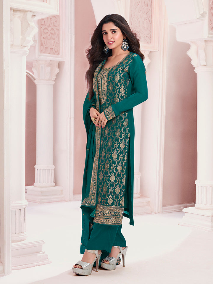 Green Chinon Fabbric with Floral Jaal and Sequins Embroidery Kurta Suit Set