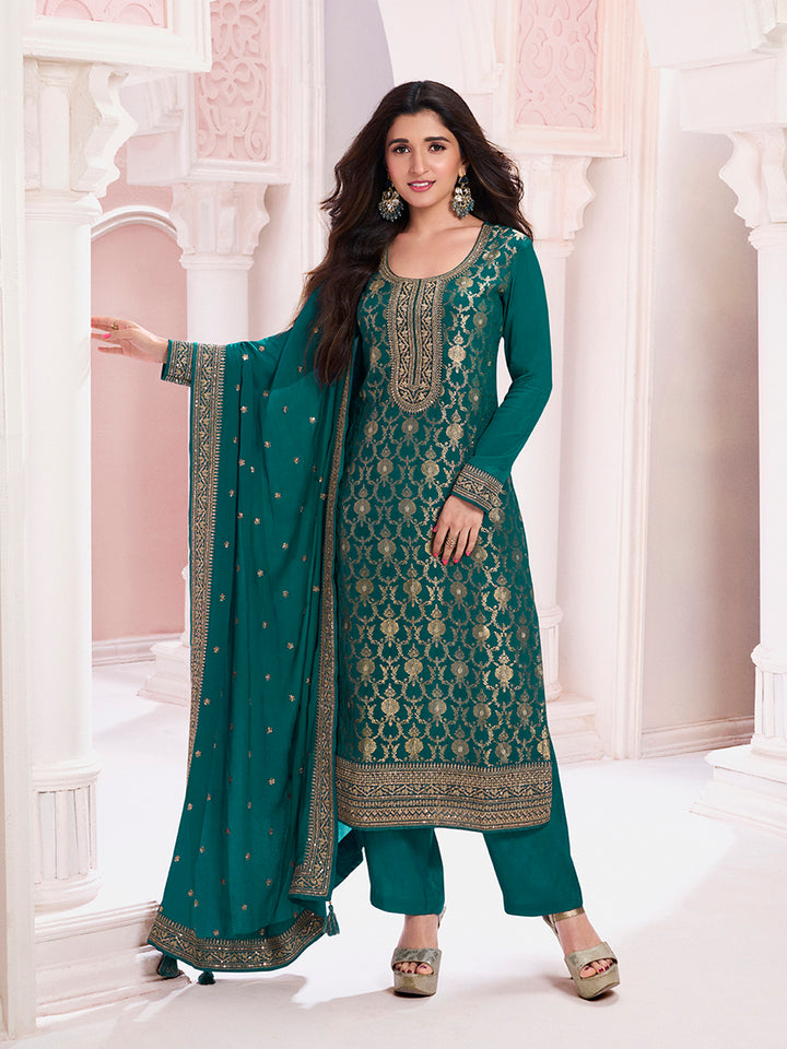 Green Chinon Fabbric with Floral Jaal and Sequins Embroidery Kurta Suit Set