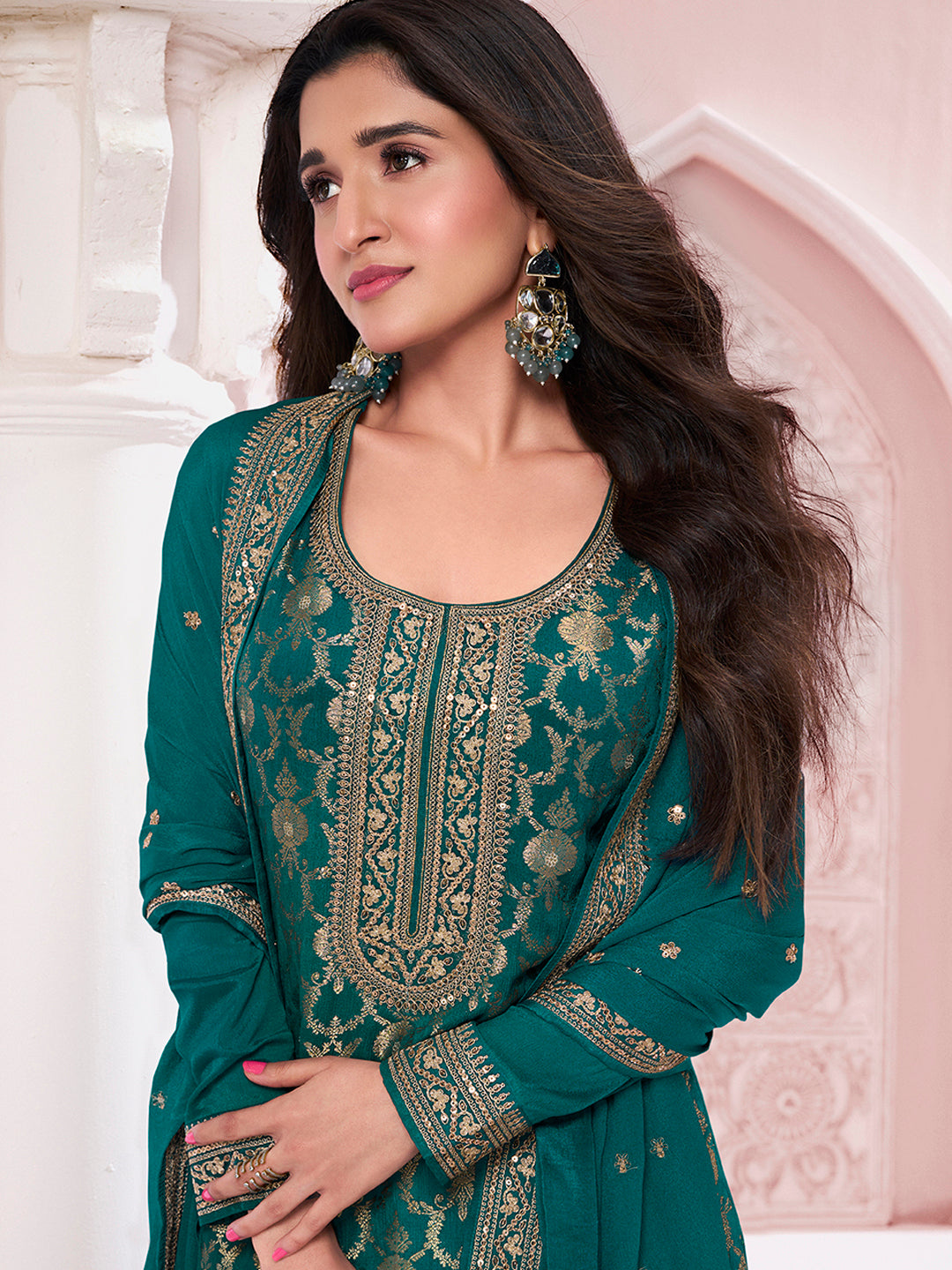 Green Chinon Fabbric with Floral Jaal and Sequins Embroidery Kurta Suit Set