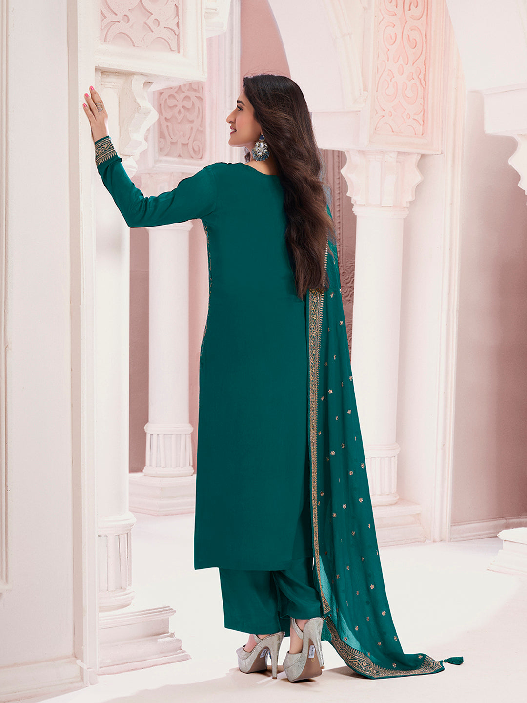 Green Chinon Fabbric with Floral Jaal and Sequins Embroidery Kurta Suit Set