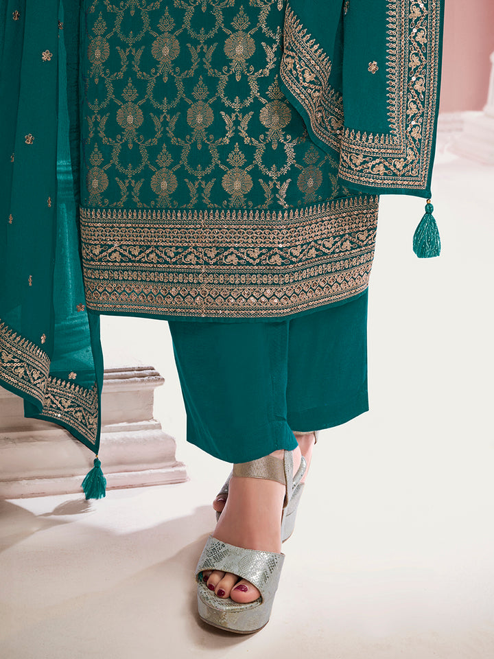 Green Chinon Fabbric with Floral Jaal and Sequins Embroidery Kurta Suit Set