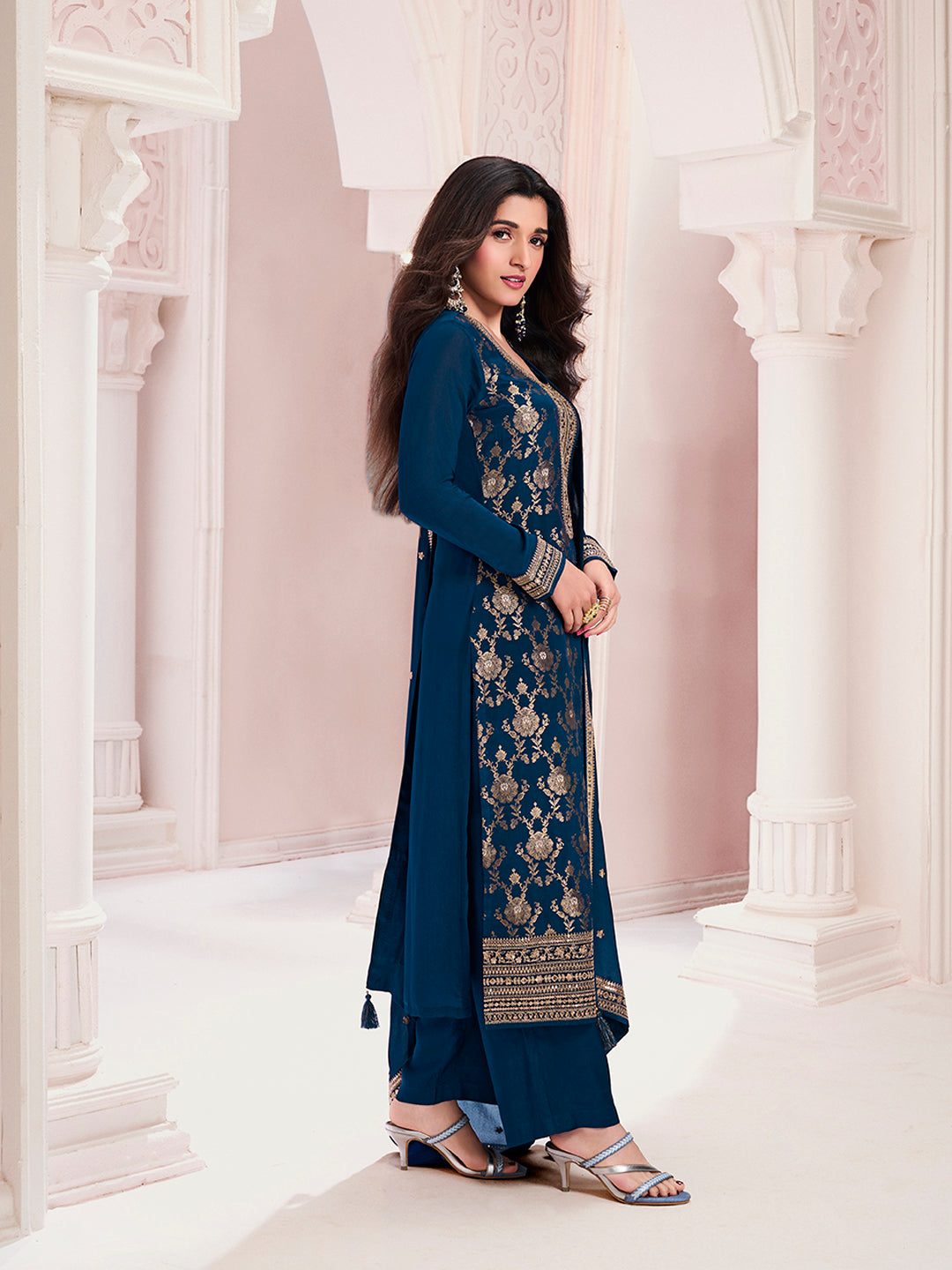 Navy Blue Chinnon Kurta Set with Floral and Sequins Embroidery