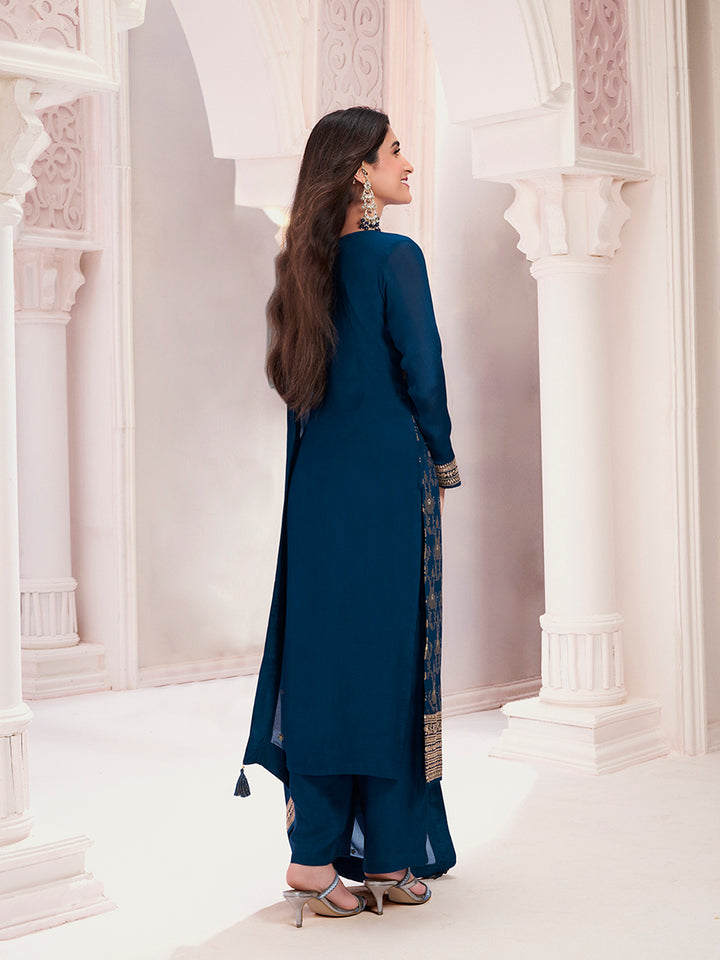 Navy Blue Chinnon Kurta Set with Floral and Sequins Embroidery