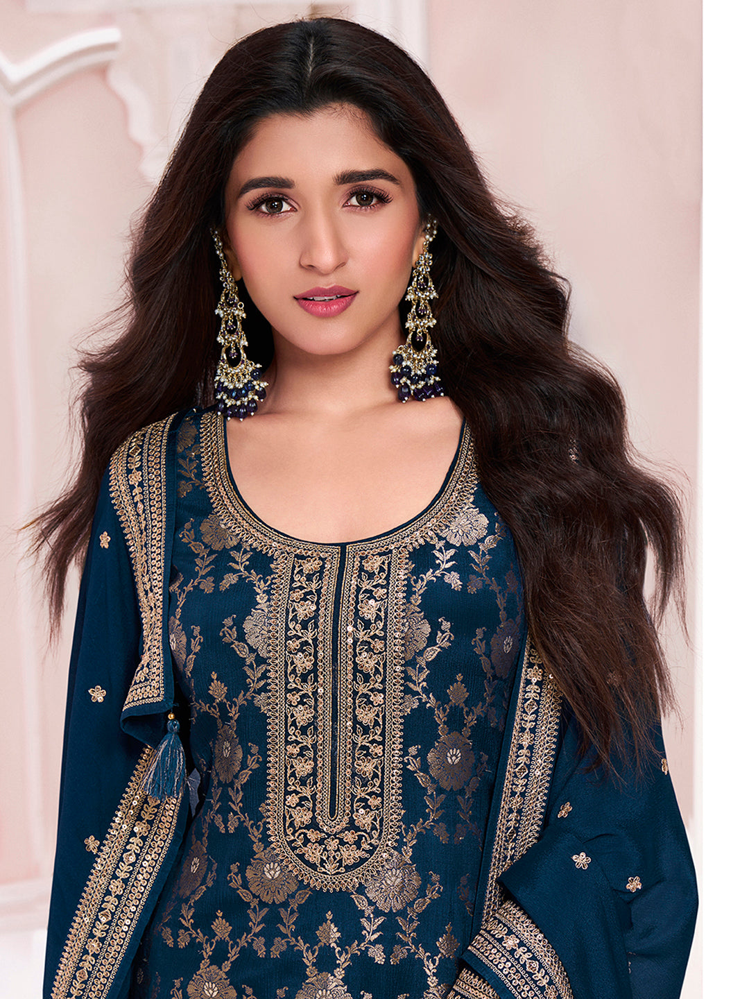 Navy Blue Chinnon Kurta Set with Floral and Sequins Embroidery