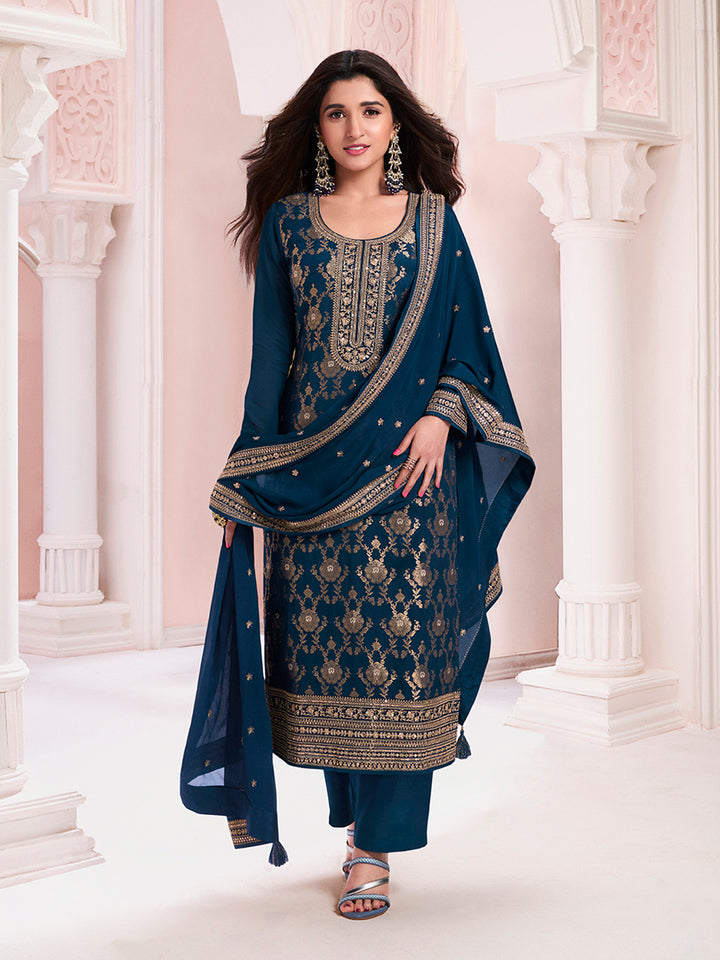 Navy Blue Chinnon Kurta Set with Floral and Sequins Embroidery