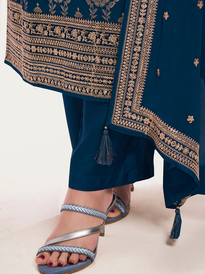 Navy Blue Chinnon Kurta Set with Floral and Sequins Embroidery