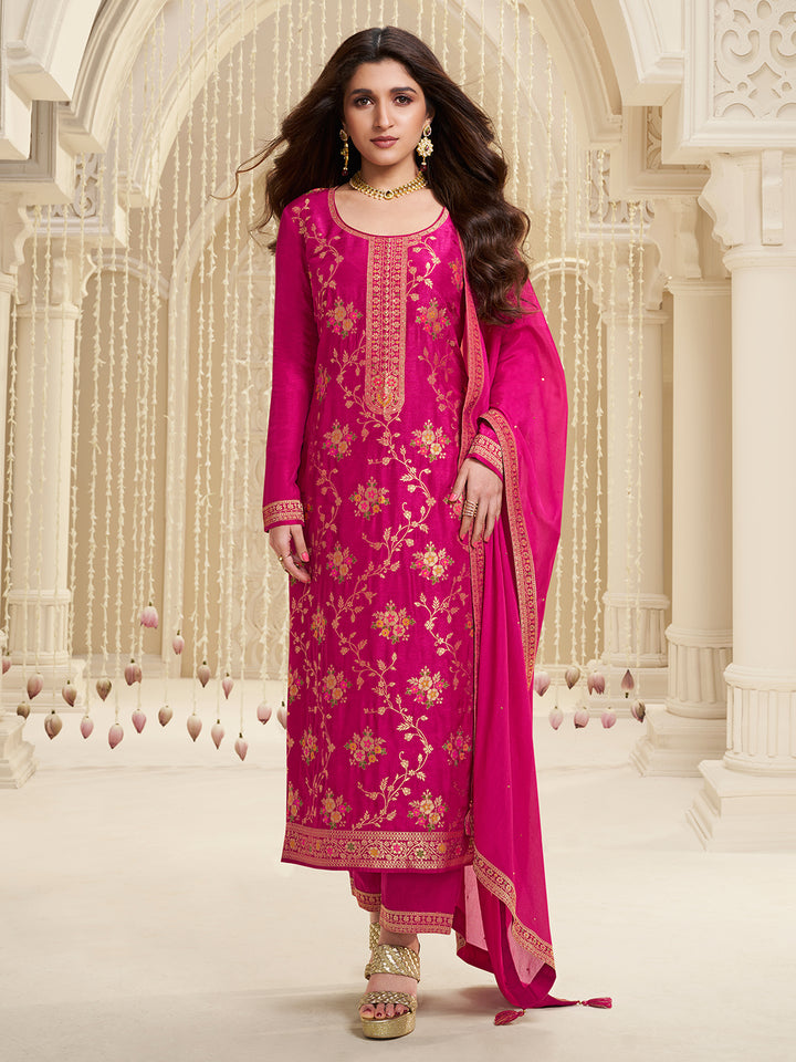 Hot Pink Meena Jacquard Kurta Suit Set