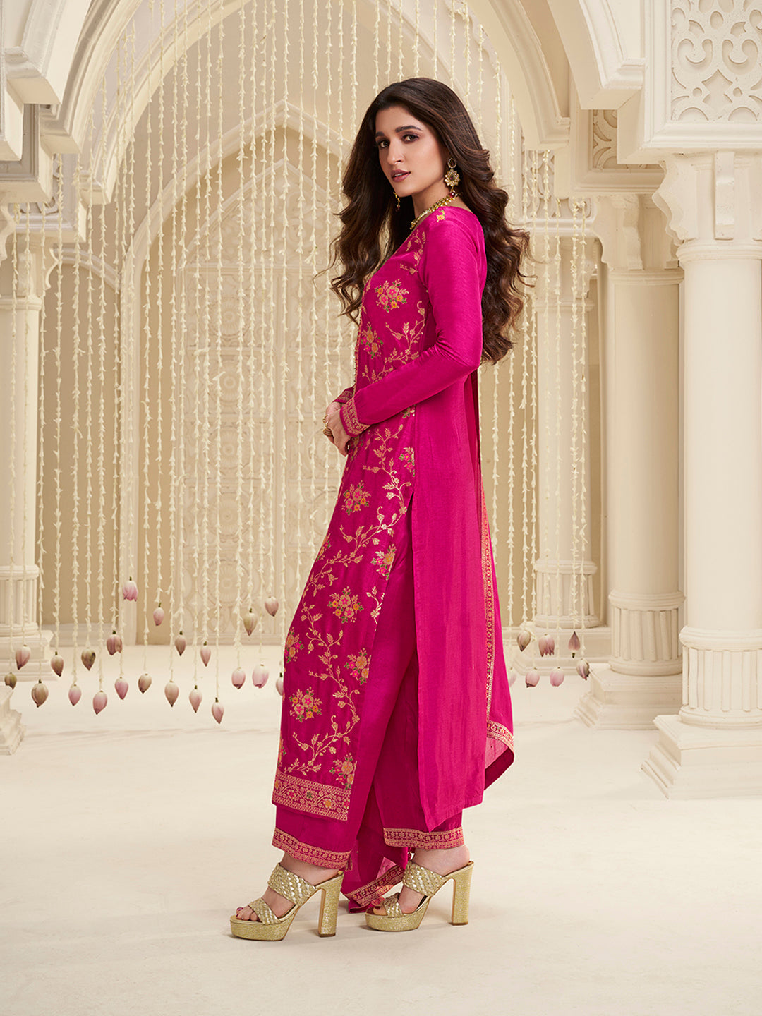 Hot Pink Meena Jacquard Kurta Suit Set